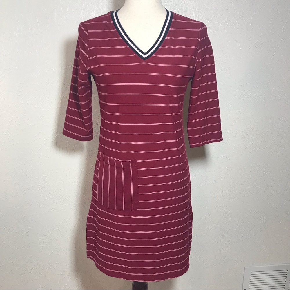V neck red and white striped tee shirt style dress. Size S.